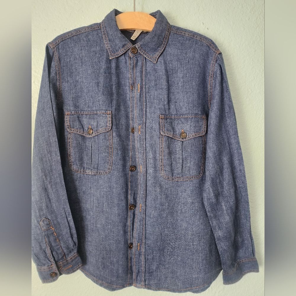 Zara Linen Blend Blue Button-Down Denim Shirt